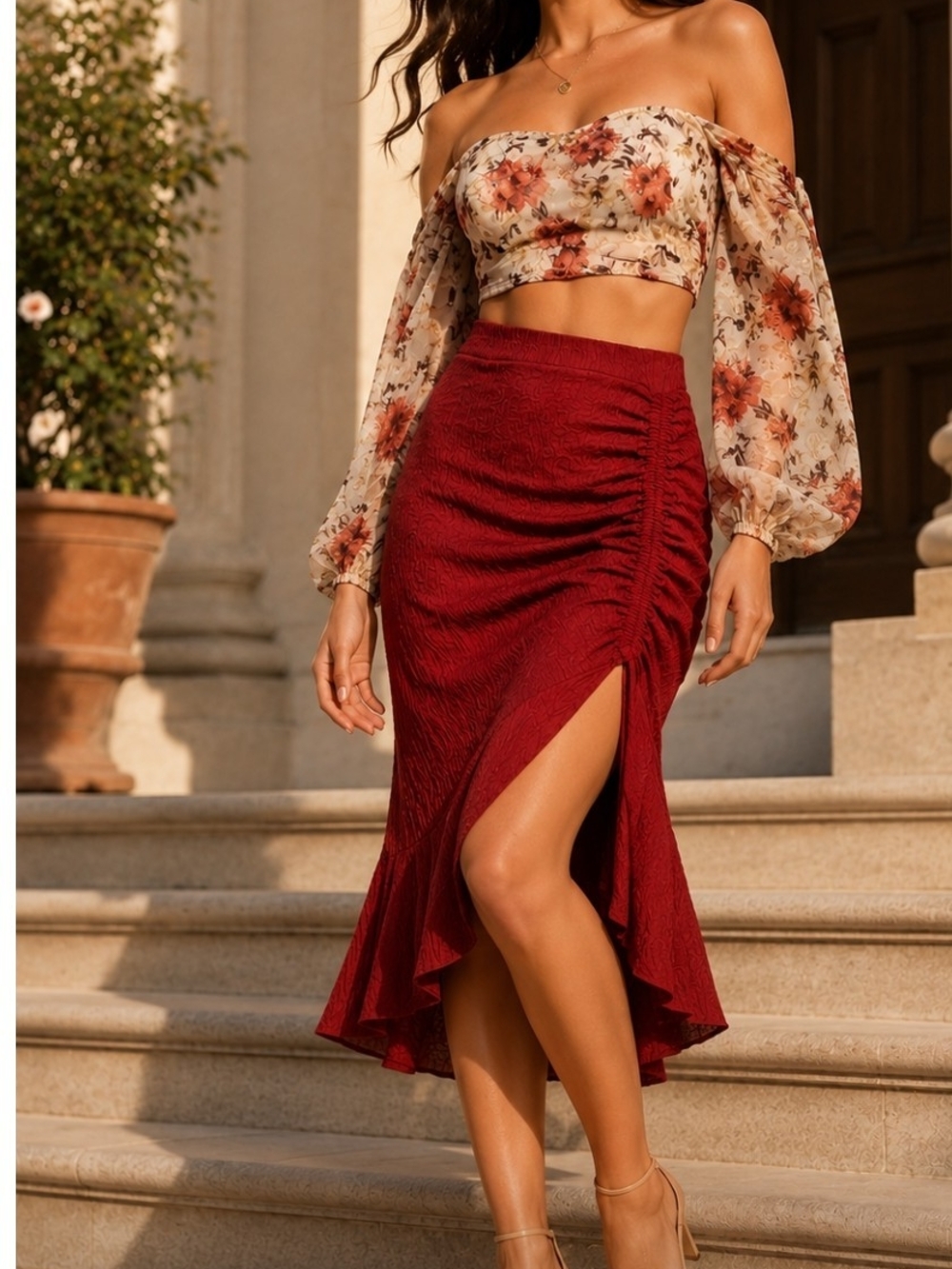 2 Piece Top & Skirt- Ruched High-Slit Midi Skirt in Burgundy With Chiffon Top